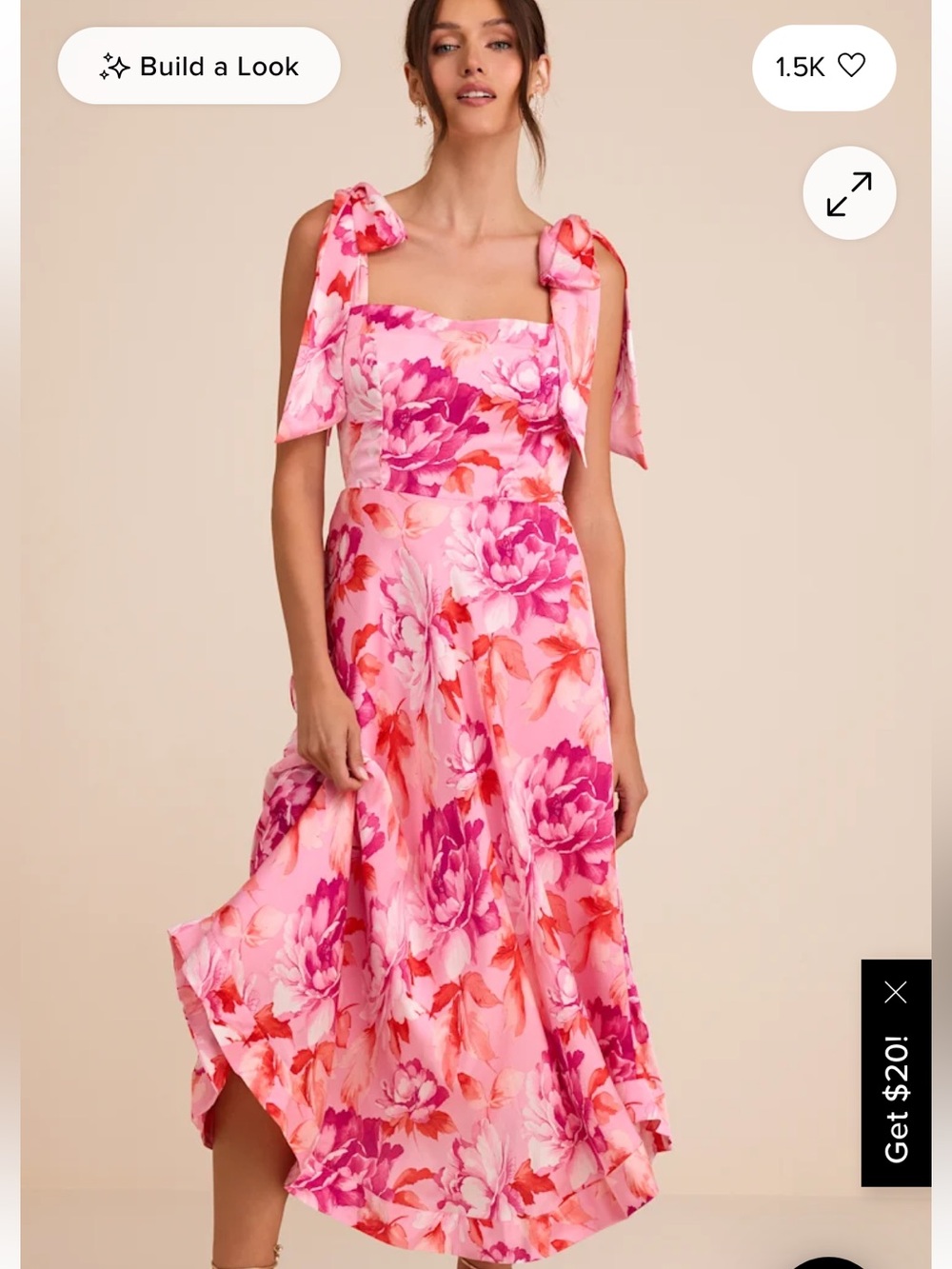 Lulu’s Tie-Shoulder Pink Floral Midi Dress